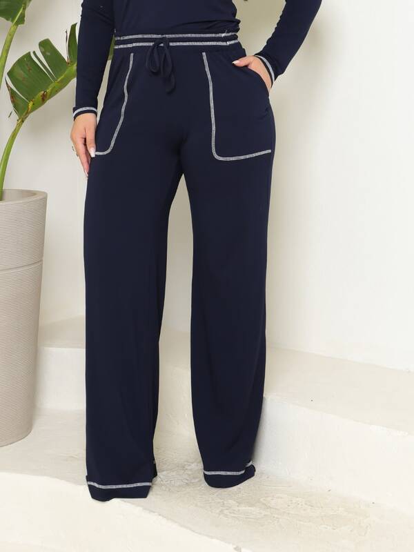 Calça Pantalona Feminina Com Bolso Cintura Alta Tecido Macio