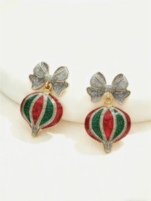 1 Pair Metal Drip Oil Bowknot & Christmas Ball Decor Earrings, Suitable For Women's Daily Wear Or Christmas Celebration - Multicolor - View 4