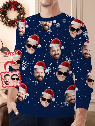 Customized Men's Autumn/Winter Casual Face Print Sweatshirt, Personalized Crew Neck Knit Sweatshirt, Upload Custom Photo, Personalized Christmas Apparel, Funny Face Design With Santa Hat, Men's Sweatshirt, Minimalist, Fashionable & Comfortable, Unique Christmas Gift For Boyfriend, Family, Friends, Long Sleeve Top