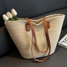 Commercial Large Capacity Straw Bag For Casual Holidays, Beach, Portable, New Fashion Woven Shoulder Bag - 卡其色 - 查看 5