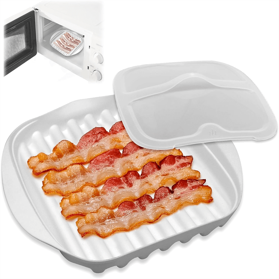 1pc Microwave Bacon Tray With Lid, Efficient Oil Drainage Design For Healthier Crispy Bacon, Microwave Bacon Cooker Tray For Bacon, Corn Fritters/Sausages/Hot Dogs