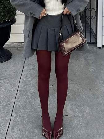 1 paquete de medias opacas de terciopelo rojo vino de 120D para invierno, elegantes y cálidas