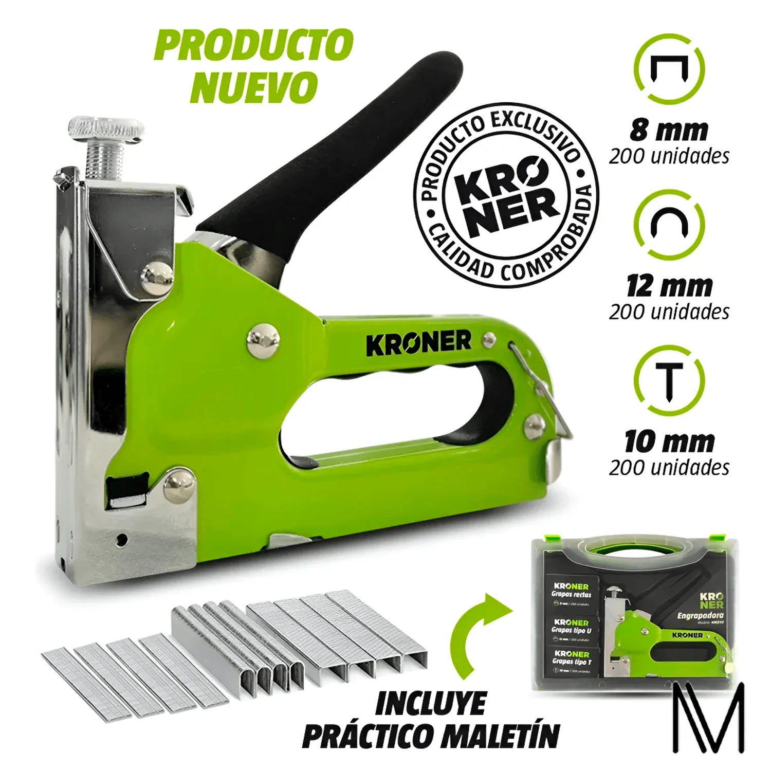 Engrapadora clavadora metálica 3 en 1 profesional de 4-14mm con 600 grapas - Verde - Ver 1