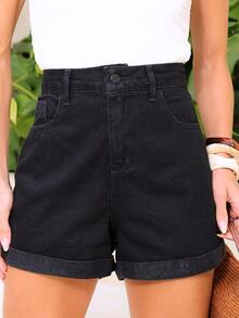Women's High-Waisted Casual Basic Black Denim Mom Shorts - 深色水洗藍 - 查看 12