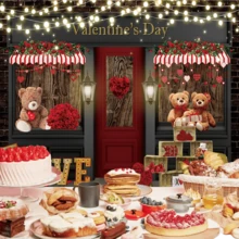 1pc Valentine's Day Shop Love Photography Background Banner, Retro Valentine's Day Red Rose Shop Bear Design, Polyester Material, For Valentine's Day, Wedding, Birthday, Bridal Shower Decoration Banner, Party Decorations, Holiday Party Event Decoration, Indoor And Outdoor Garden Party, Outdoor Banner, Lightweight And Easy To Install, Hanging Decoration - Multicolor - View 4