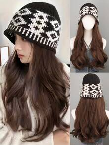 二合一针织帽配长卷发假发，女士假发帽，带假发的帽子，冬季保暖无缝发饰 - 彩色 - 查看 3
