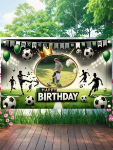 1件式個性化足球王子生日橫幅，可客製照片與姓名，乙烯基海報，運動主題派對裝飾，返校季 - 多色2 - 查看 7