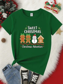 Playera infantil para niñas con estampado de "Sweet Christmas" con Galletas de Jengibre y Muñeco de Nieve, hecha 100% de algodón, cuello redondo, manga corta y corte recto. - Verde - Ver 2