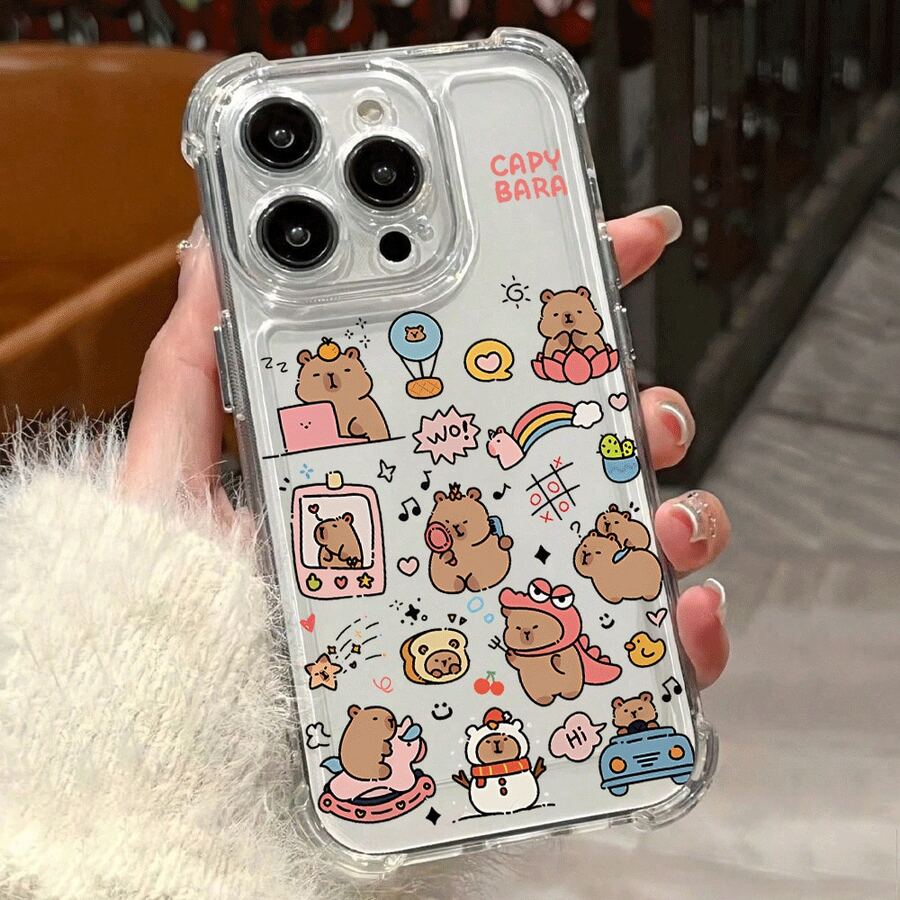1pc of Transparent Square Anti-Drop Phone Case, Featuring Cute Capybara Cartoon Stickers with Various Expressions And Scenes, Suitable for 17/for 17 Pro/for 17 Pro Max/for 15/for 15 Pro/11/12/13/14/15 Pro Max/16 - Transparente - Ver 1