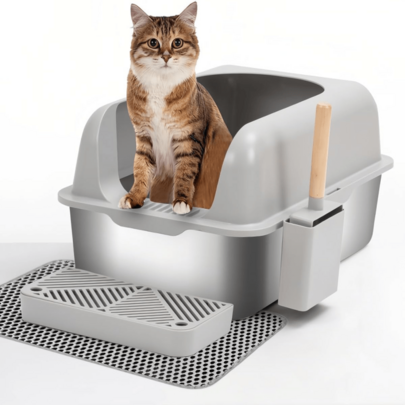 Extra Large Stainless Steel Cat Litter Box With Trapping Mat, Enclosed XL Kitty Litter Tray With High Sided &Amp; Scoo...
