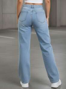 Jeans Wide Leg de Talle Alto Para Mujer, Mezclilla Lavado Claro, Pantalón de Pierna Súper Ancha con Detalle de Bordado de Mariposas o Laser de Margaritas, Cierre de Botón Diamantado y Costuras Reforzadas – Estilo Casual Urbano y Cómodo. - Mariposas DN-ST2004 - Ver 2