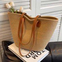 Commercial Large Capacity Straw Bag For Casual Holidays, Beach, Portable, New Fashion Woven Shoulder Bag - 卡其色 - 查看 2