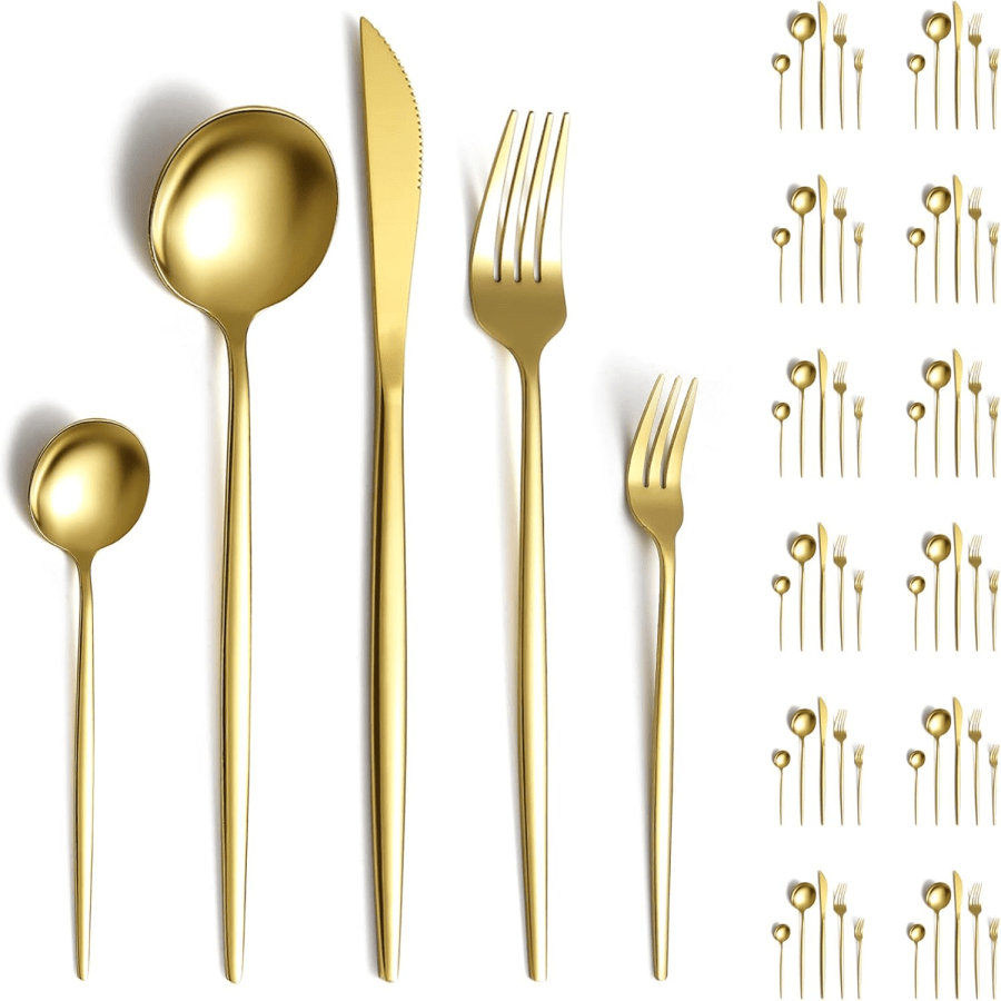 Gold Cutlery Set 60Piece For 12 People  Titanium Gold Plated Stainless Steel  Knives, Forks, Spoons For Wedding,...