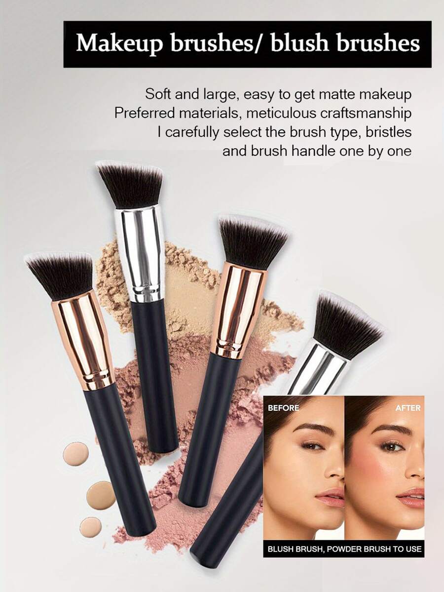 1pc Professional Angled/Flat Blush Brush - Ergonomic Black Wooden Handle, Soft Nylon Bristles For Precise Contouring, Makeup Tool Suitable For Beginners,Foundation Brush,Concealer Brush,Blush Brush,Contour Brush,Blush Brush,Bronzer Brush,Powder Brush,Foundation Brush,Blush Brush