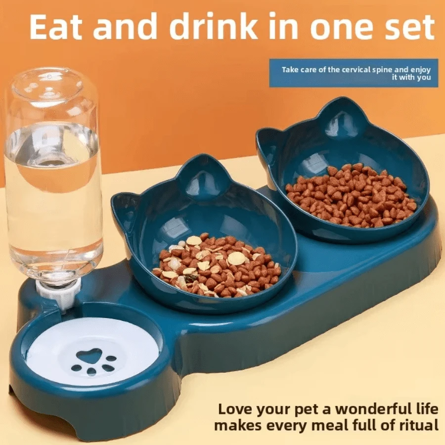 New Non-Slip Cat Bowl With Slanted Mouth, Domestic Style, Automatic, Protects The Cervical Spine And... - 藏蓝色 - 查看 1