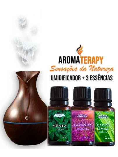 Kit Umidificador de Ar + 3 Essencias Difusor com 3 Essências Aromatizadoras Hidrossolúveis de 20ml