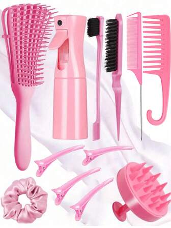 12件套时尚女士干湿两用梳子套装，包含尖尾梳、长尾梳、边梳、发梳、发夹、发圈、宽齿梳；（6.8盎司/200毫升）多功能迷你高压连续喷雾保湿旅行化妆瓶，适合居家和户外旅行，是节日送礼佳品；另有发夹、美发造型套装等。