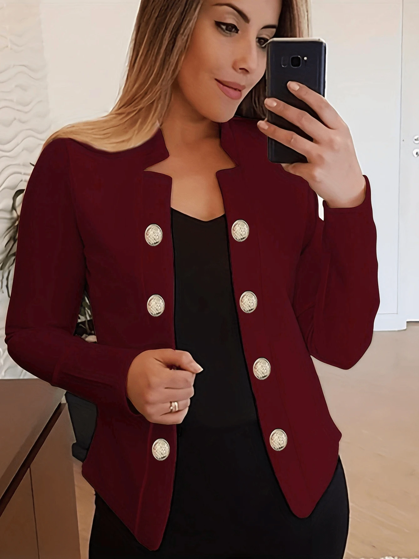 1件女款日常通勤休閒百搭純色立領雙排扣開襟外套 - 酒紅色 - 查看 1
