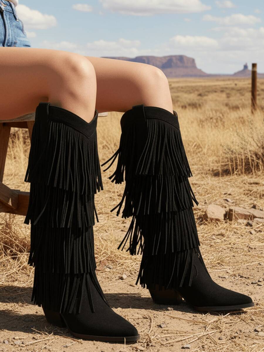 Vintage Cowgirl Outfits For Women Boots Pointed Toe Fringe Detail Chunky Mid Heel Pull On Festival Shoes Country Concert Wide Calf Boots Women Plus Size - màu đen - Xem 1