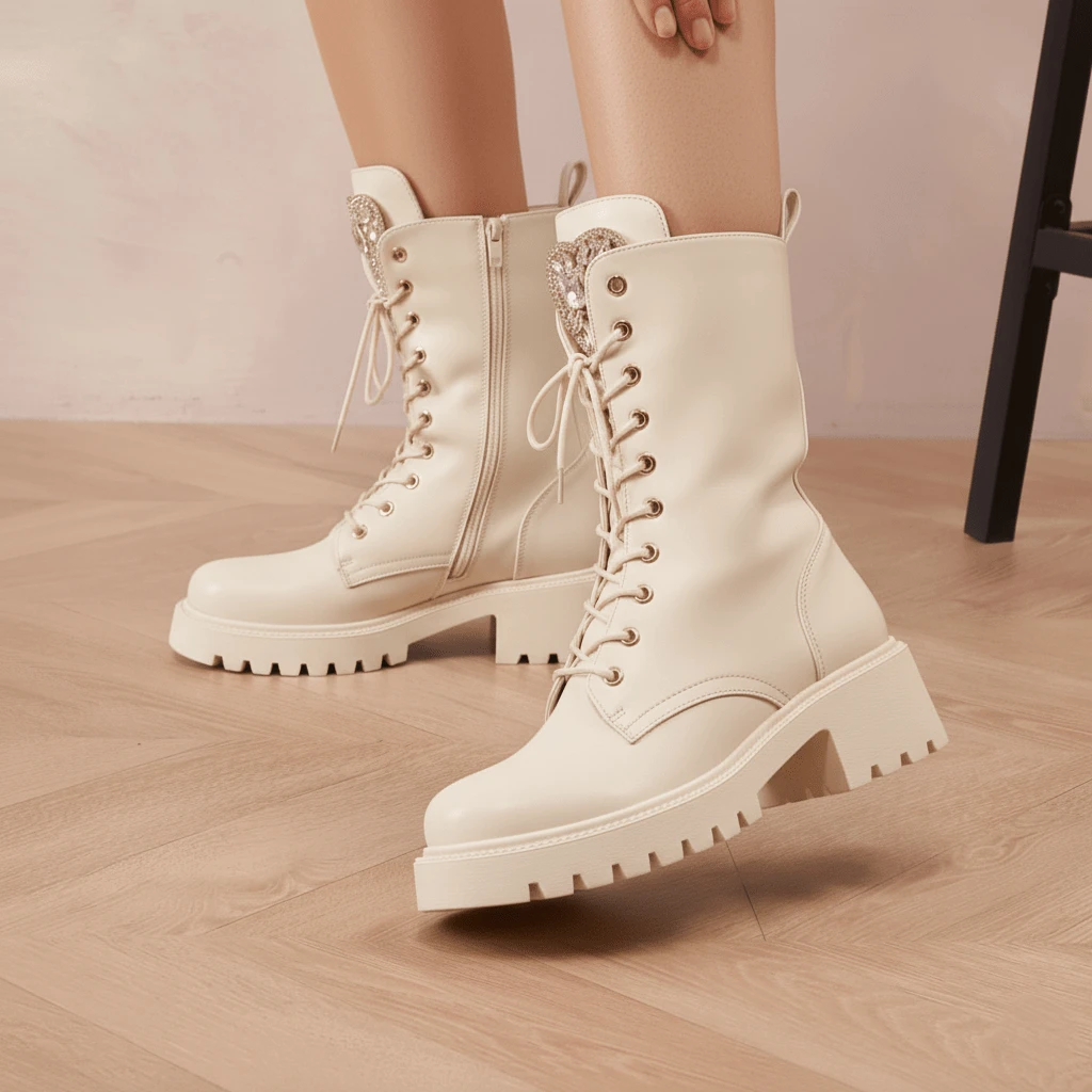 Bottes montantes Moderne، مزينة بمجوهرات أنيقة، مع أربطة وما شابه ذلك من أجل التأكيد والراحة غير المسبوقة. - بيج 5817 - مشاهدة 1