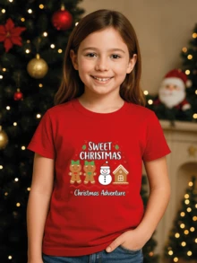 Playera infantil para niñas con estampado de "Sweet Christmas" con Galletas de Jengibre y Muñeco de Nieve, hecha 100% de algodón, cuello redondo, manga corta y corte recto. - Rojo - Ver 1