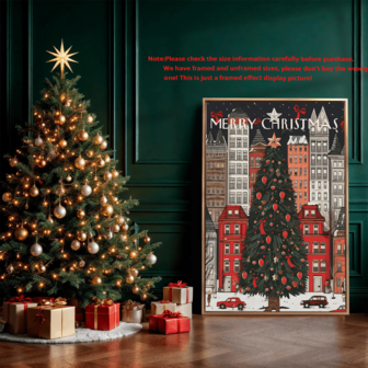 1幅圣诞节帆布墙画，圣诞树和雪景小镇，节日家居装饰，复古风格海报，墙画，海报，可悬挂，适用于家居装饰、墙面装饰、浴室装饰、卧室装饰、客厅装饰、厨房装饰、办公室装饰 - 帆布材质（可选画框）圣诞装饰