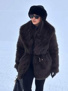 GDDYIN Winter New Year Imitation Fur Coat, Big Collar, Fluffy Waist, Heart-Shaped Buckle Design, Lazy Style Faux Fur Coat - Mocha Brown - View 2