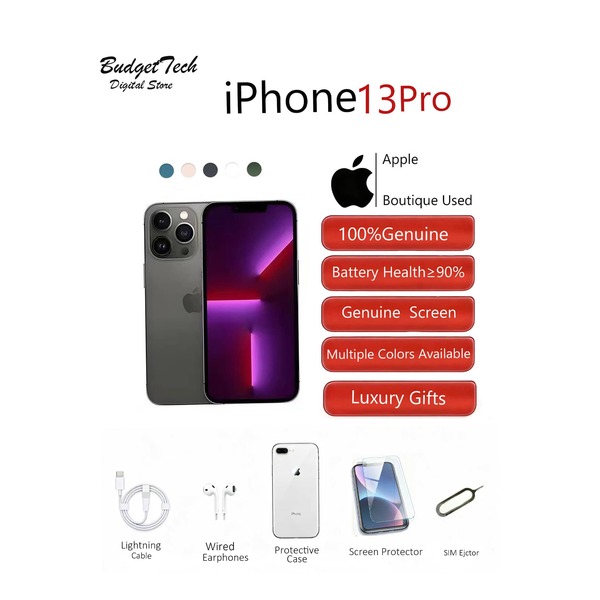 Apple هاتف آبل آيفون 13 برو مستعمل (جديد بنسبة 99%)، مزود بشريحة A15 Bionic، وذاكرة وصول عشوائي (RAM) بسعة 6 جيجابايت، وسعة تخزين 128/256 جيجابايت، ويدعم تقنية الجيل الخامس 5G، وشاشة OLED Super Retina XDR مقاس 6.1 بوصة (دقة 2532*1170، ومعدل تحديث متكيف 120 هرتز)، وكاميرا خلفية ثلاثية (12 ميجابكسل)، ومدة تشغيل فيديو تصل إلى 22 ساعة، ومقاوم للغبار والماء IP68، ووزن 203 غرام، وخيارات ألوان متعددة. هاتف ذكي متطور يستهدف عشاق التصوير الفوتوغرافي، والباحثين عن الأداء العالي، ورجال الأعمال.