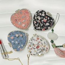 1pc/2pcs Portable Heart-Shaped Folding Makeup Mirror With Cute Fabric Case & Printed Pattern - Double-Sided Cosmetic Mirror, Ideal Gift For Women, Girls, Mothers, Friends & Wives, Compact Mirror, Vanity Mirror For Home, Travel