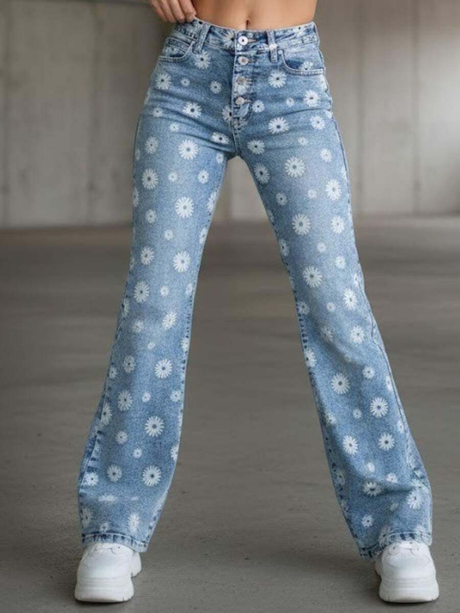 Jeans Wide Leg de Talle Alto Para Mujer, Mezclilla Lavado Claro, Pantalón de Pierna Súper Ancha con Detalle de Bordado de Mariposas o Laser de Margaritas, Cierre de Botón Diamantado y Costuras Reforzadas – Estilo Casual Urbano y Cómodo. - Flores DN-BL2011 - Ver 1