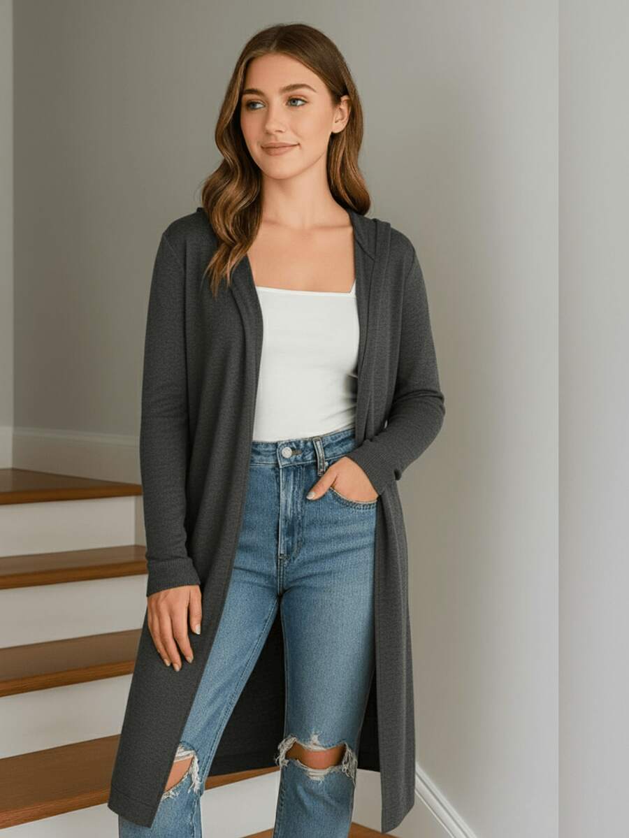 Cardigan largo Tejido de punto mujer - Gris - Ver 1