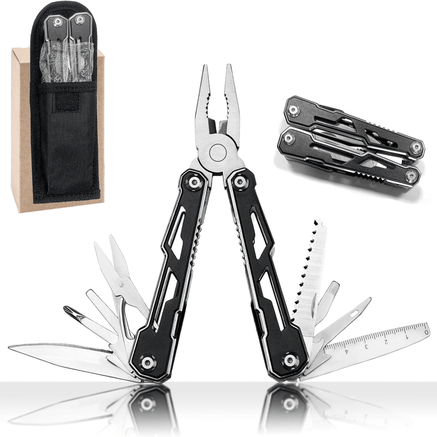 Folding Stainless Steel MultiTool With Pliers, Scissors, Knife, 2 Safety Locks, Belt Clip, Pouch