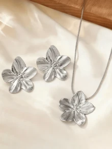 时尚不锈钢金花项链，精致五瓣花项链套装适合女性日常佩戴、宴会、节日礼物 - 金色 - 查看 15