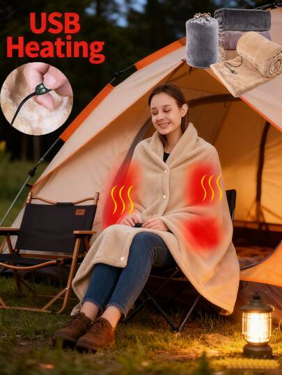 USB Powered Heated Blanket, Warm Coverage, Wearable Shawl, Heating Pad, For Office, Outdoor Camping Travel, Wheelchair Cover. Available In Gray, Pink, Khaki. Adjustable Temperature