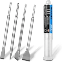 SDS Plus Chisel Set, 4 Piece Steel Tool Set (Wide, Flat, Pointed) Tile Chisels, Suitable For Masonry, Bricks, Wall...