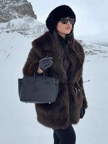 GDDYIN Winter New Year Imitation Fur Coat, Big Collar, Fluffy Waist, Heart-Shaped Buckle Design, Lazy Style Faux Fur Coat - Mocha Brown - View 4