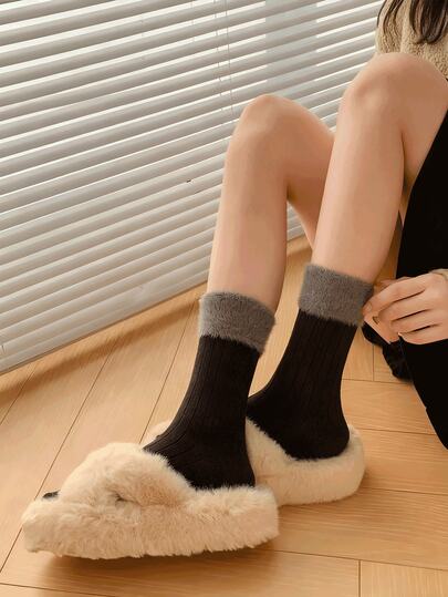 5 pares de calcetines de media caña de mujer de visón y cachemira, adecuados para otoño/invierno, con puño de color contrastante, gruesos y cálidos, calcetines de terciopelo casual y retro