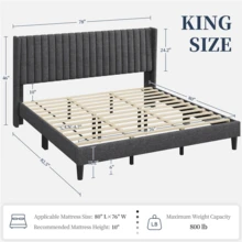 Butterslay Linen Blend Upholstered Bed Frame Wingback Channel Headboard Sturdy Wood Frame 800lb Capacity Foam-Padded Floor Protection Full/Queen/King, Black/Dark Gray/Ivory/Navy Blue/Pink - Dark Gray - 查看 8