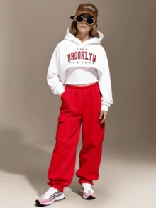 Hanevo 少女三件套抓绒印花卫衣、吊带背心和工装裤，舒适百搭，展现青春活力，秋冬必备。 - 紅色 - 查看 1