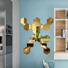 12pcs Hexagon Acrylic Gold Wall Mirror Stickers, Modern Geometric Wall Decor, Easy To Clean, Suitable For Living Room, Bedroom, Home Art Bedroom Living Room Wall Decoration - Multicolor - View 2