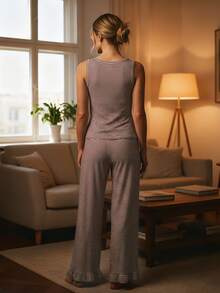 2Pcs Pajamas Sets for Women Sleeveless Bow Decor Striped Vest Tops with Elastic Waist Pants Loungewear - Marrón - Ver 5