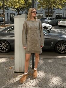 Rochie tip pulover tricotată pentru femei, croială lejeră, mânecă lungă, confortabilă, pentru zi și întâlniri - Verde Armată - Vizualizare 3