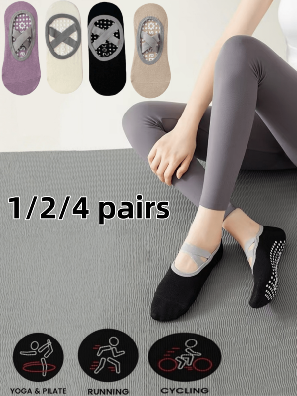 1/2/4 Pairs Women Yoga Socks, Round Toe Soft Comfortable Criss-Cross Pilates Exercise Socks, Indoor Jumping Aerobics Dance Floor Socks, Suitable For Multiple Occasions [No Cardboard]