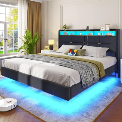 Letto imbottito 160x200 cm con rete a doghe, Letto matrimoniale con contenitore, Letto sospeso con illuminazione a LED, Presa di corrente integrata, Grigio