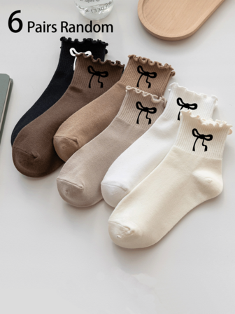 1/3/6双装女士袜子，蝴蝶结刺绣，荷叶边装饰，纯色，柔软舒适，适合日常、假日、户外活动穿着，时尚百搭，四季皆宜。