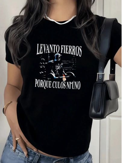 Camiseta de mujer con estampado de esqueleto en gimnasio,estilo casual y moderno.100% algodón,suave y cómoda para el día a día.