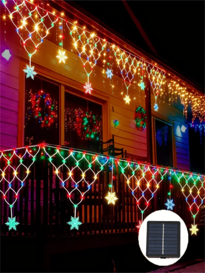 1 pieza Luz solar con rejilla triangular, luz decorativa LED para exteriores, luz de ambiente tipo copo de nieve y barra de hielo para Navidad, luz de hadas solar, 8 modos, blanco cálido/color opcional, adecuado para decorar jardines, terrazas, fiestas de cumpleaños y fiestas festivas, tira de luz solar, luz solar (500mAh)