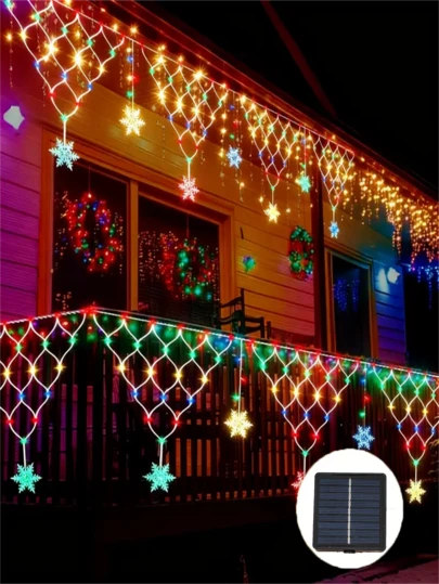 1 قطعة ضوء مثلث شبكي شمسي، ضوء ديكوري خارجي LED لإضفاء الجو، ضوء بار ثلجي بشكل نجمة الثلج، ضوء سلسلة جنية شمسي، 8 أوضاع، أبيض دافئ/ألوان اختيارية، مناسب لديكور الحديقة والسطوح والأسطح والحفلات العيد والمناسبات، شريط ضوء شمسي، سلسلة ضوء شمسي (500 ملي أمبير)