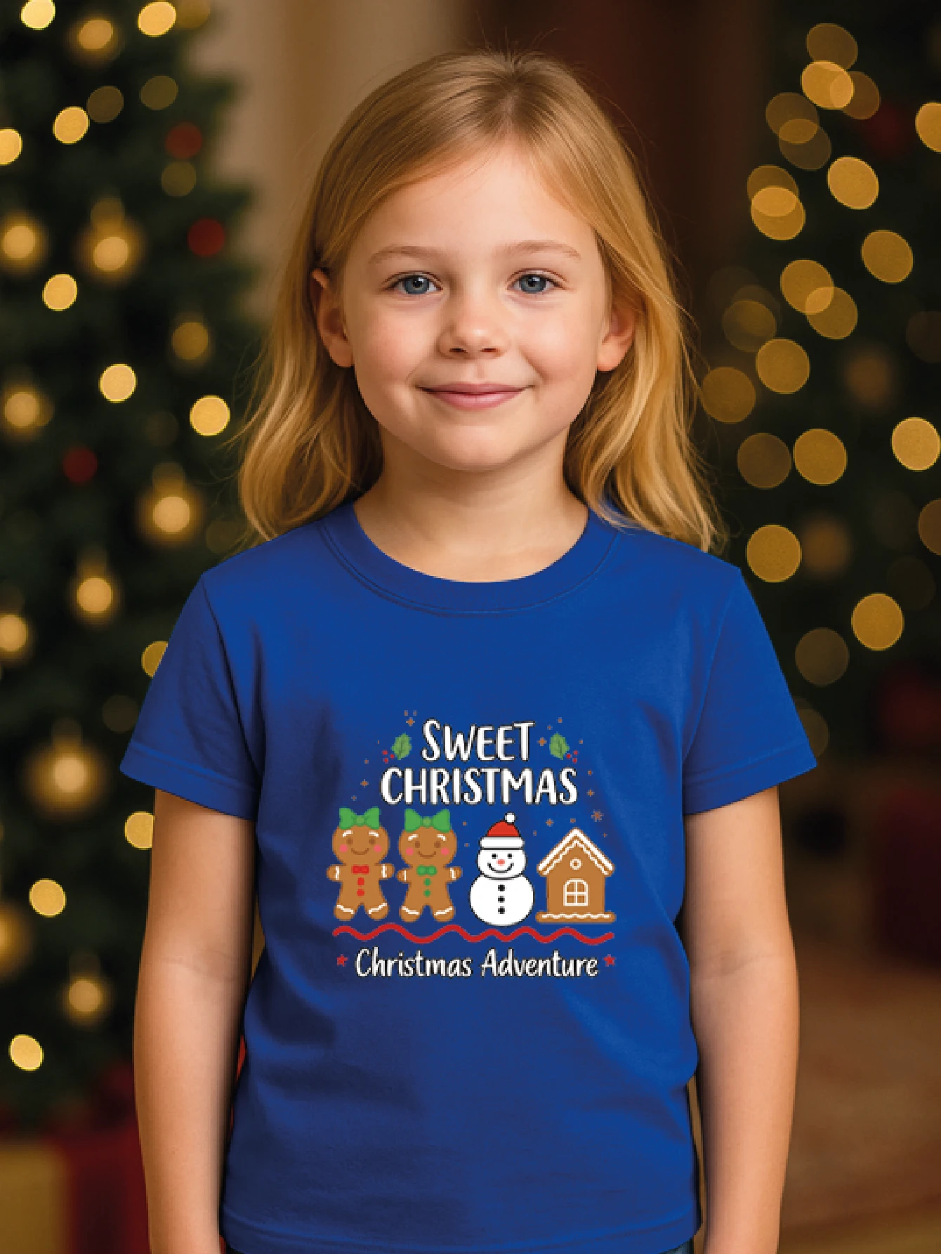 Playera infantil para niñas con estampado de "Sweet Christmas" con Galletas de Jengibre y Muñeco de Nieve, hecha 100% de algodón, cuello redondo, manga corta y corte recto. - Azul - Ver 1