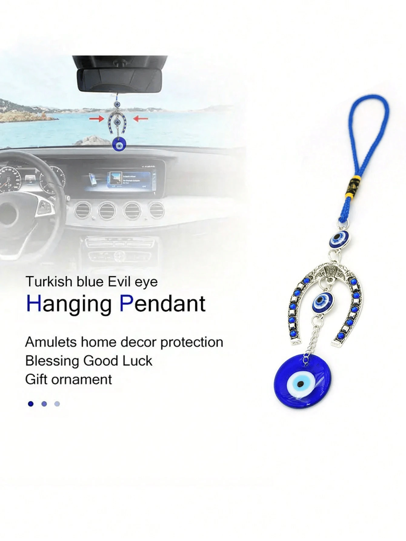 1 pieza Llavero colgante con decoración de ojo de demonio y herradura con cristal de ojo azul, amuleto de la suerte con forma de ojo de demonio y herradura con decoración de cristal azul